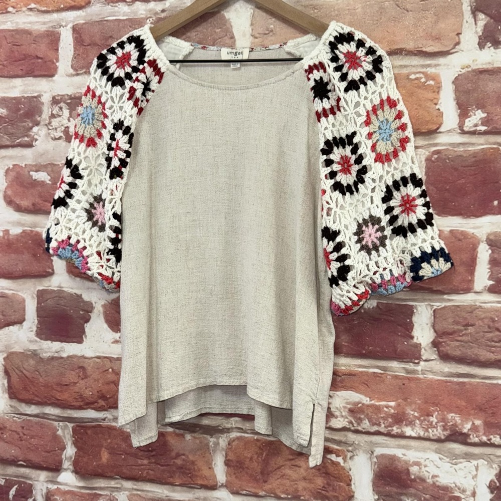 Umgee Top Womens S Tan Multicolor Boho Crochet Granny Square Sleeve Casual Shirt - Picture 3 of 9